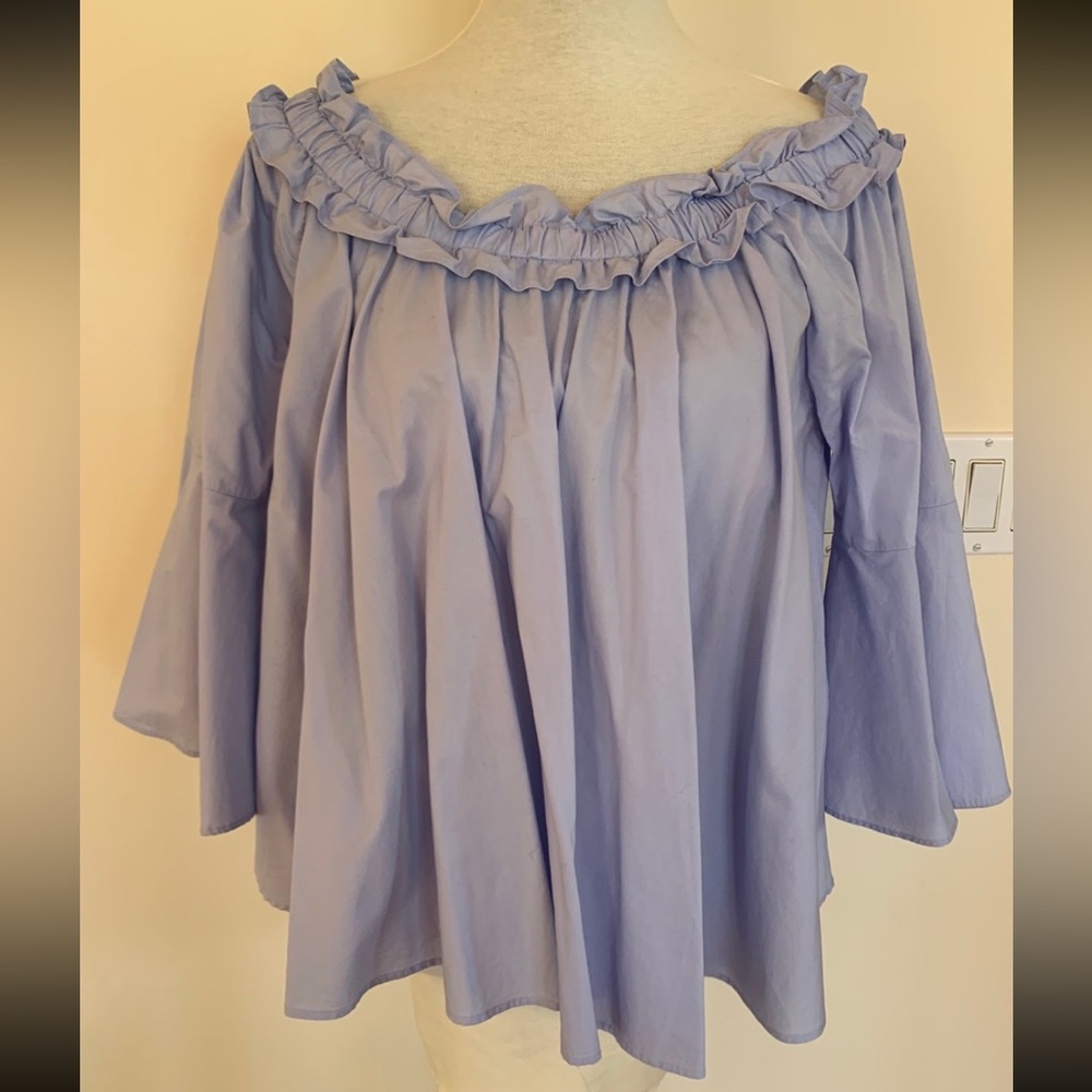 FOREVER 21 Womens Blue Ruffled Elastic Off Shoulder Hi-Low Top Shirt Blouse Sz M
